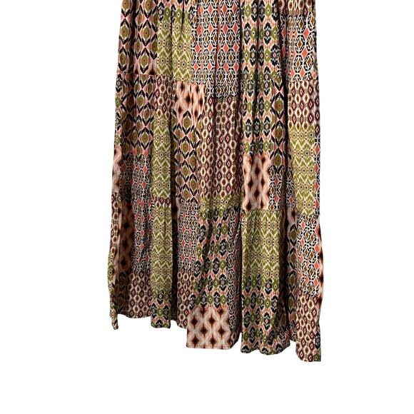 LIVERPOOL WOMENS SIZE XLARGE TIERED WOVEN MAXI SKIRT GEO PRINT PINK GREEN NEW - Picture 6 of 12